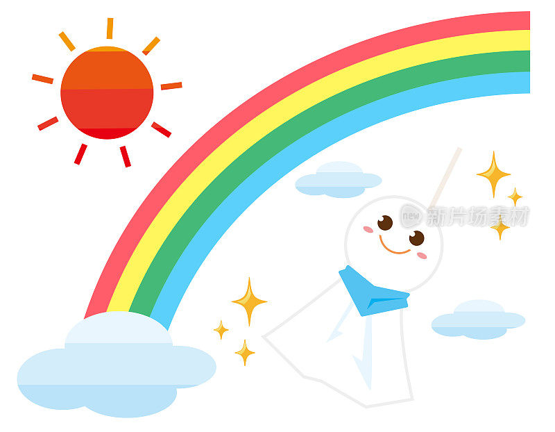 彩虹和太阳。Teru Teru Bozu。一种祈求阳光灿烂的日本娃娃。矢量插图。
